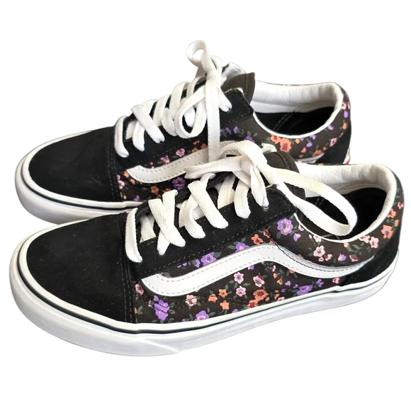 Vans Unisex Floral Black and White Sneakers Women 7, Men 5.5 - Picture 1 of 10
